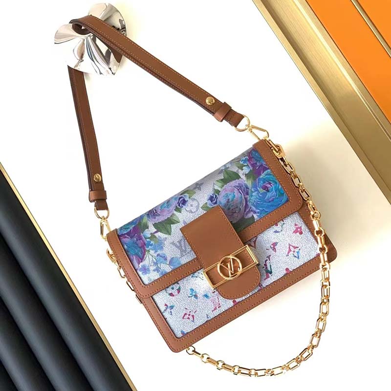 Louis Vuitton LV Women Dauphine MM Handbag Blue Coated Canvas Cowhide Leather