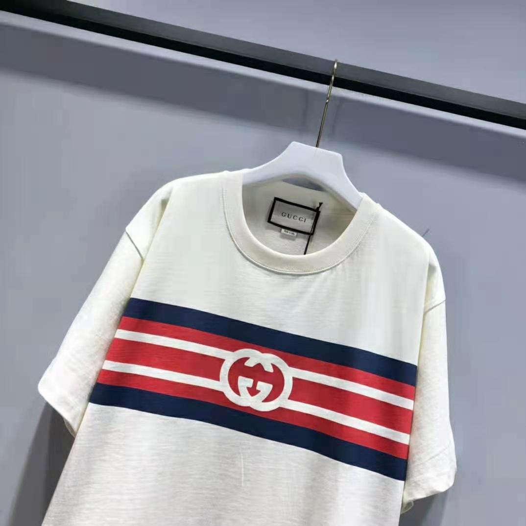 Gucci Women Interlocking G Stripe Print T-Shirt Cotton Jersey Crewneck Oversize Fit-White