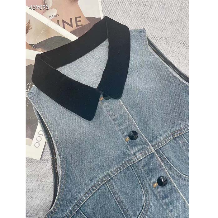 Louis Vuitton Women LV Sleeveless Velvet Accent Denim Jacket Cotton Blue 1AFEQ8