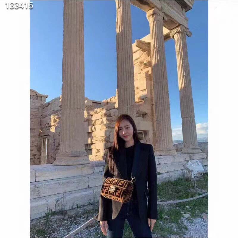 Fendi Women FF Baguette Brown Sheepskin Sheep Fur Calfskin Bag