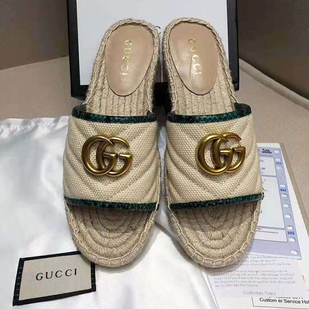 Gucci Women Online Exclusive Chevron Raffia Espadrille Slide with Double G-Sandy