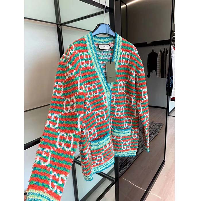 Gucci Men Maxi GG Cotton Cardigan Red Green Long Sleeves V-Neck