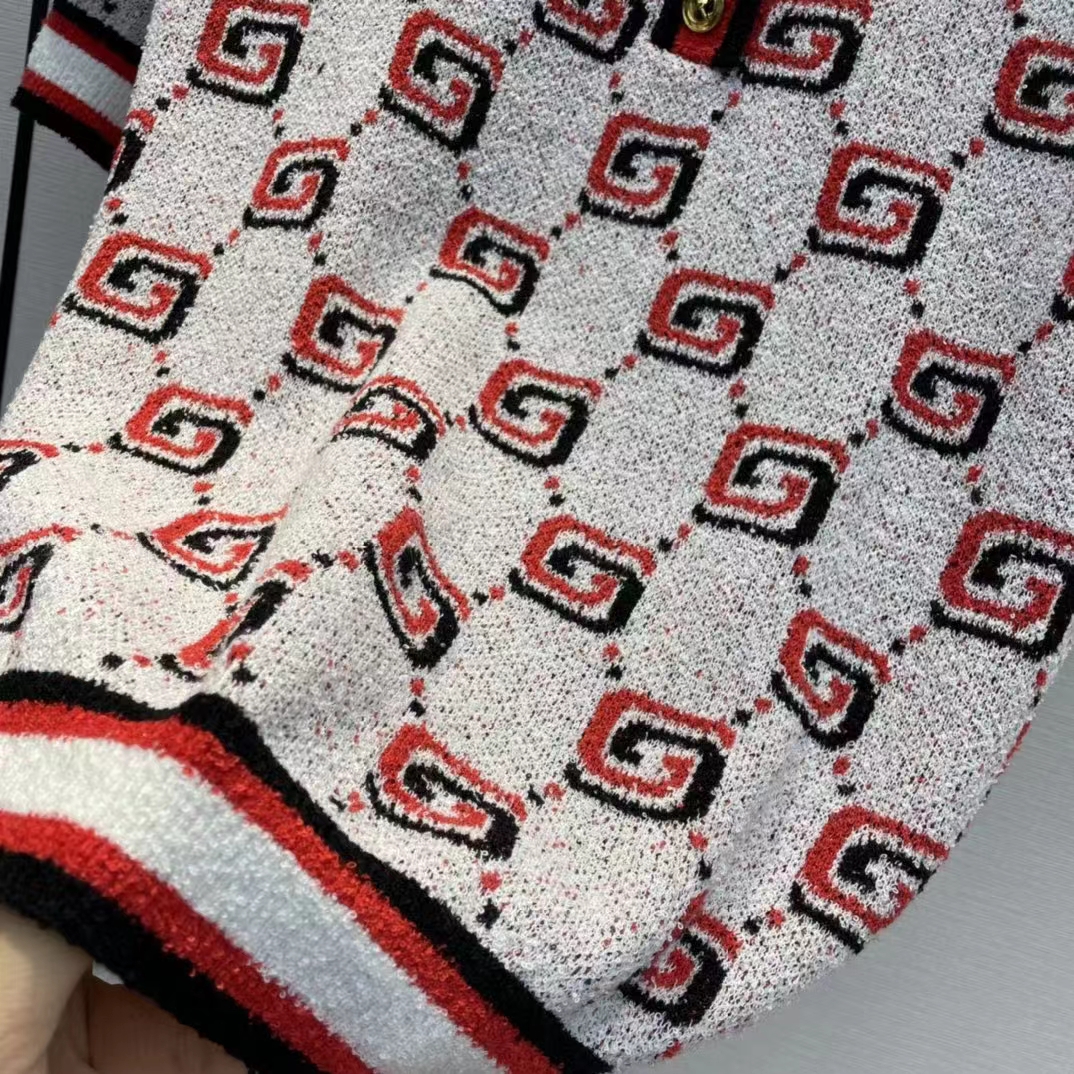 Gucci Women GG Cotton Jacquard Polo Shirt Ivory Red Polo Collar Short Sleeves