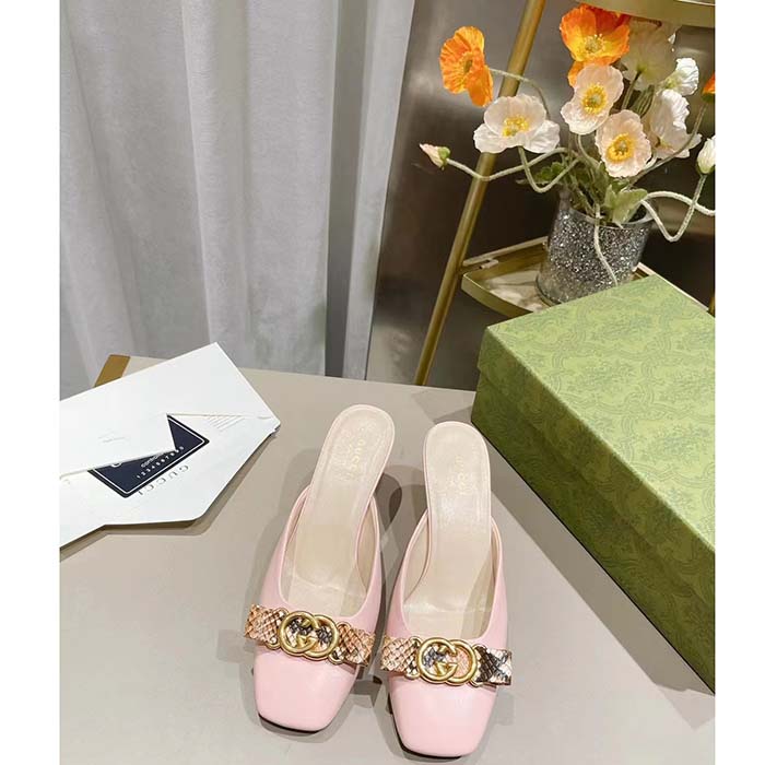 Gucci Women GG Interlocking G Mule Pink Leather Square Toe Leather Mid-Heel