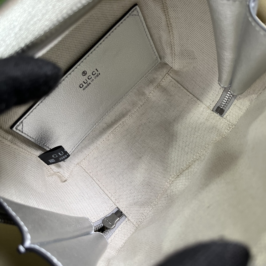 Gucci Women GG Blondie Top Handle Bag Metallic Silver Leather Round Interlocking G