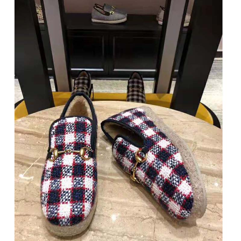 Gucci Unisex GG Check Tweed Loafer in Blue White and Red Check Tweed