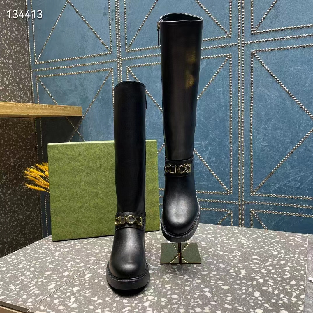 Gucci Women GG Gucci Boot Black Leather Rubber Sole Side Zip Closure Flat 2.3 CM Heel