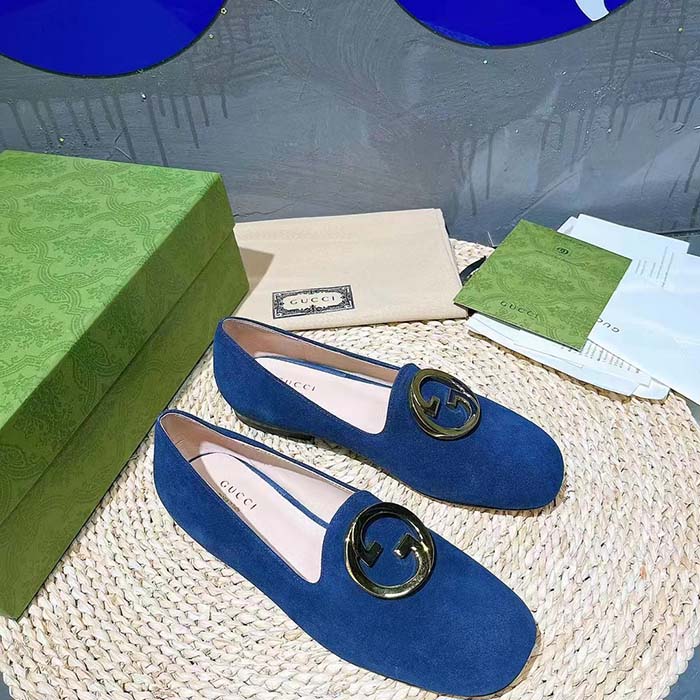 Gucci Women GG Blonde Ballet Flat Deep Blue Suede Round Interlocking G Leather Flat