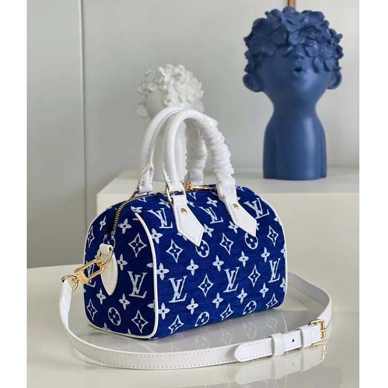 Louis Vuitton Women Speedy Bandouliere 20 Bag Blue Monogram Jacquard Velvet Cowhide