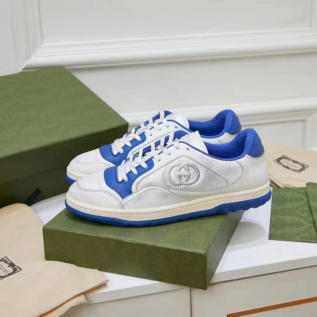 Gucci Unisex GG MAC80 Sneaker Off White Blue Leather Round Toe Rubber Flat