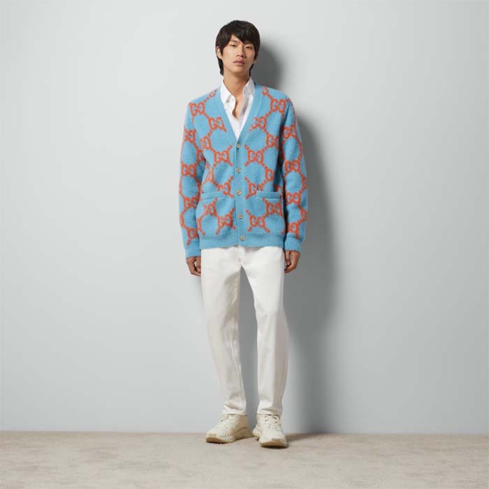 Gucci Men Wool Cardigan GG Intarsia Blue V-Neck Long Sleeves