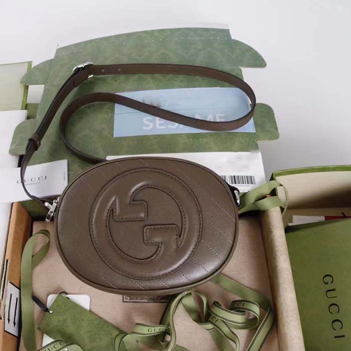 Gucci Women GG Blondie Mini Shoulder Bag Brown Leather Round Interlocking G Patch