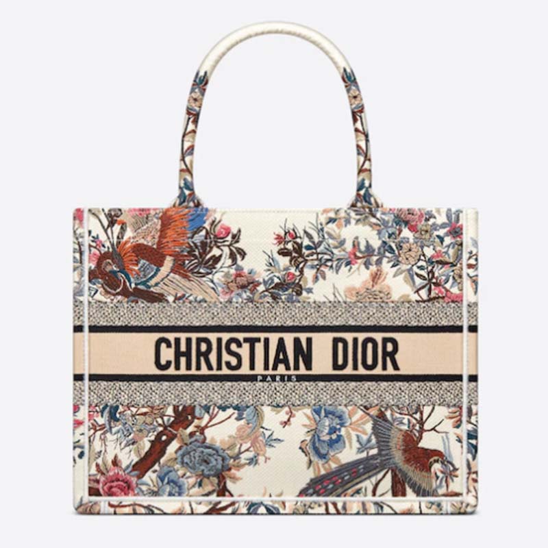Dior Women CD Medium Book Tote Ecru Multicolor Jardin D’Hiver Embroidery