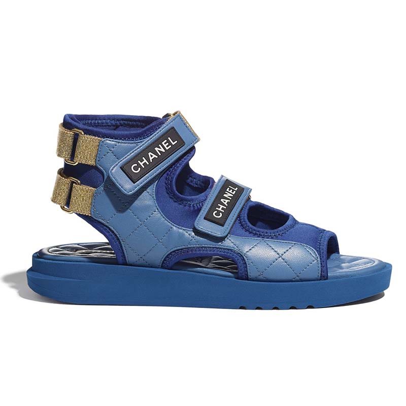 Chanel Women Sandals Goatskin Fabric & TPU Blue Dark Blue & Black