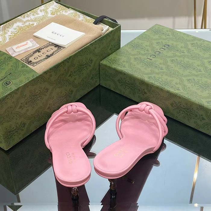 Gucci Women GG Slide Sandal Bamboo Pink Leather Bamboo Low Heel