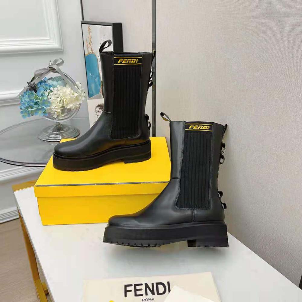 Fendi Women Promenades Black Leather Biker Boots