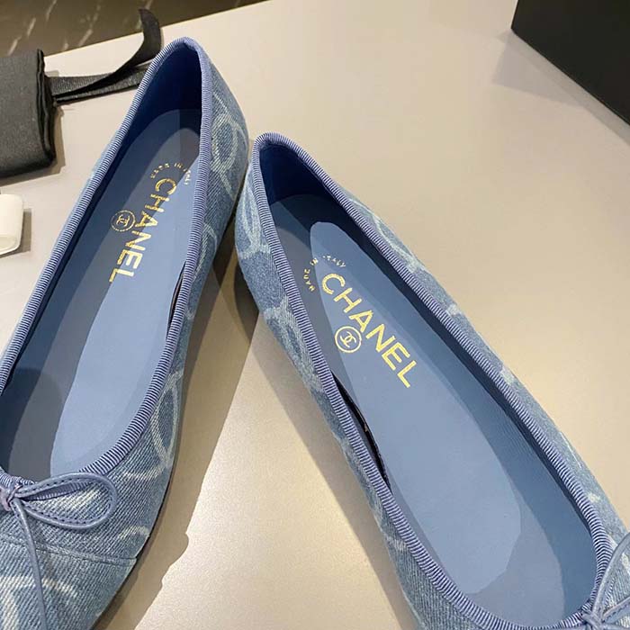 Chanel Women CC Ballet Flats Printed Denim Light Blue White