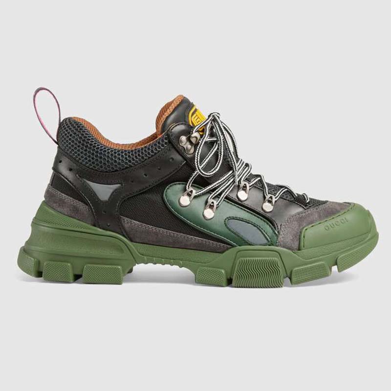Gucci Unisex Flashtrek Sneaker in Green and Black Leather 5.6 cm Heel