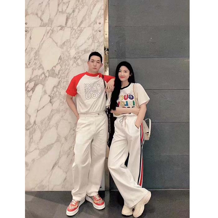 Gucci Men GG Cotton Jersey T-Shirt Red Off White Medium Crewneck Raglan Sleeves