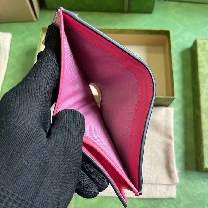 Gucci Unisex GG Marmont Card Case Wallet Pink GG Matelassé Leather Double G