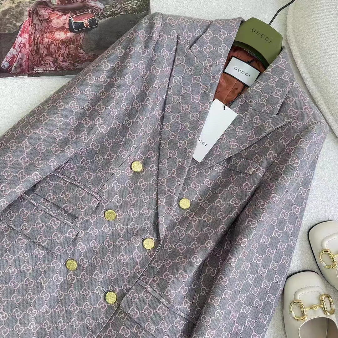 Gucci Women GG Cotton Canvas Jacket Grey Pink Lined Point Revers Double Breasted Fitted Waist