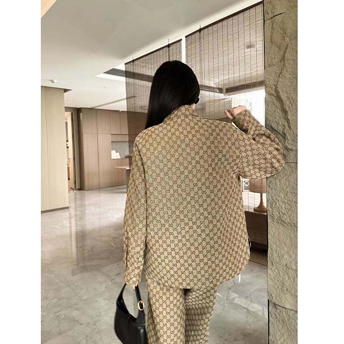 Gucci Women GG Canvas Shirt Point Collar Dropped Shoulder Long Sleeves