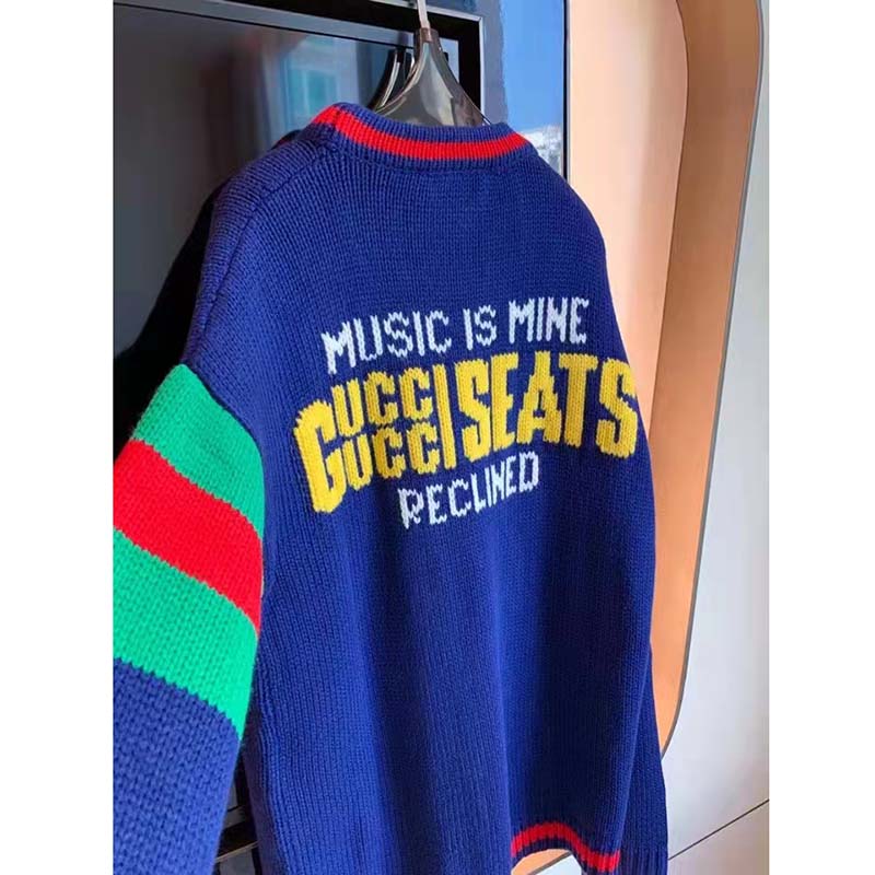 Gucci GG Men Gucci 100 Wool Cardigan Blue Wool Green Red V-Neck