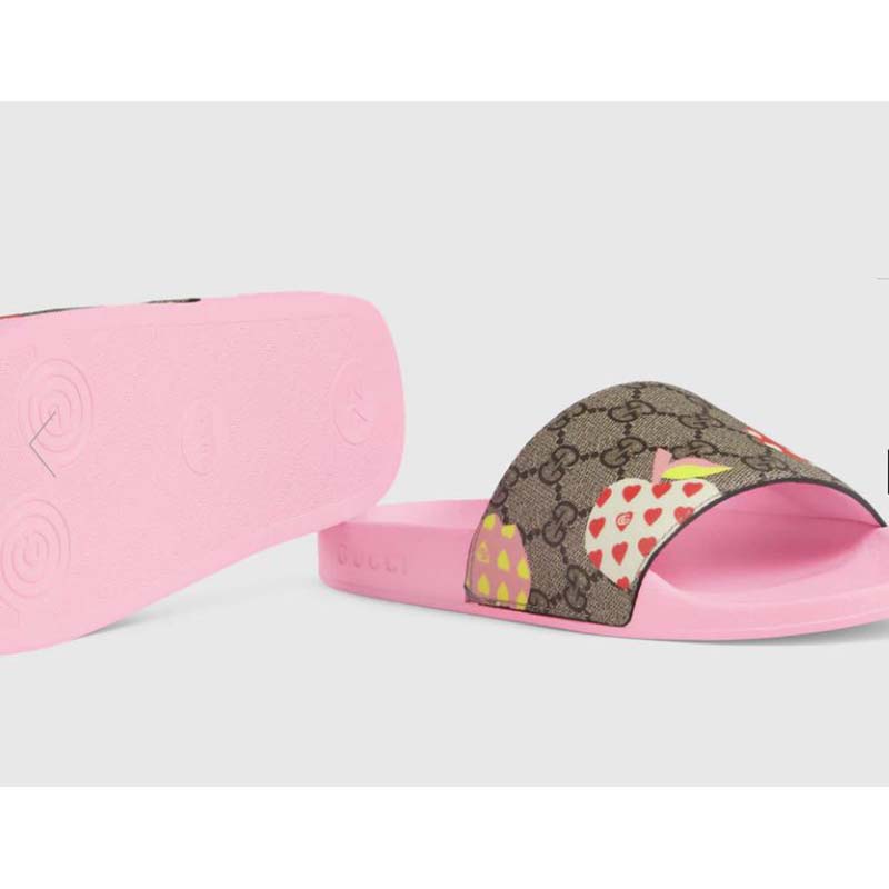 Gucci GG Unisex Gucci Les Pommes Slide Sandal Beige and Ebony GG Supreme Canvas