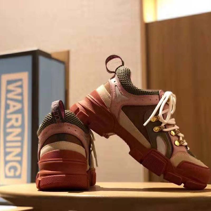 Gucci Unisex Flashtrek Sneaker in Brown and Pink Leather 5.6 cm Heel