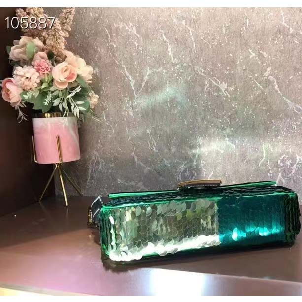 Fendi Women FF Baguette 1997 Green Leather Sequinned Bag