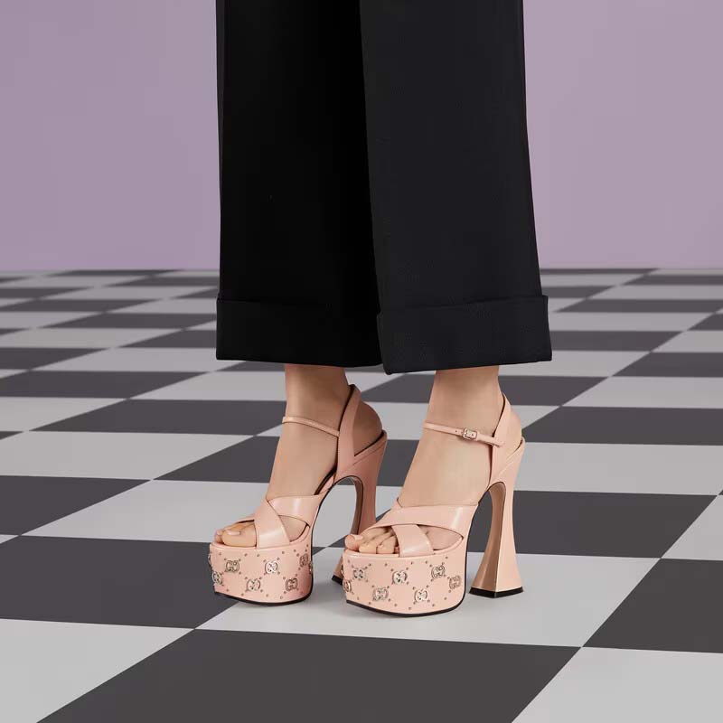 Gucci Women GG Interlocking G Studs Sandal Pink Leather Spool High 15 Cm Heel