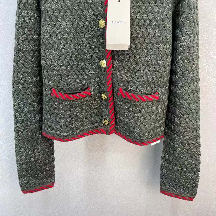 Gucci Women GG Cable Knit Wool Jacket Dark Green Cable Knit Wool Green Red Stripe