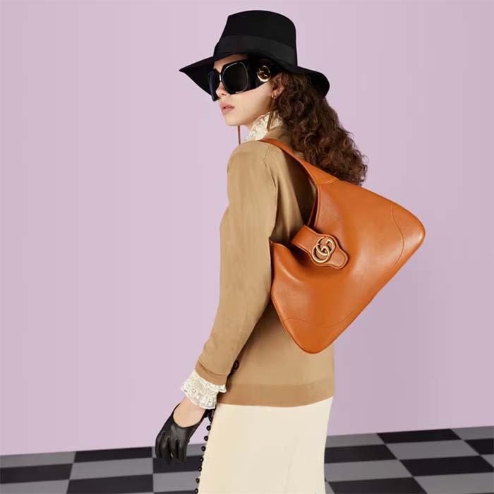 Gucci Women GG Aphrodite Medium Shoulder Bag Brown Soft Leather Double G