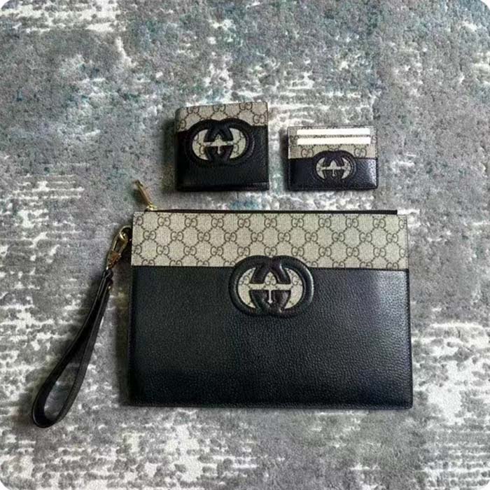 Gucci Unisex GG Wallet Cut-Out Interlocking G Beige Ebony GG Supreme Canvas