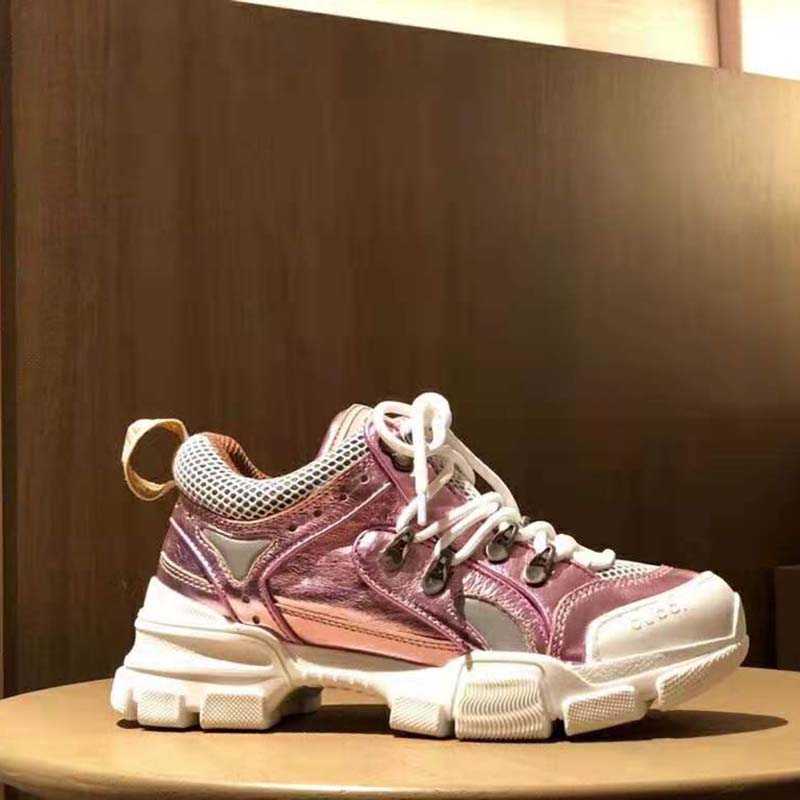 Gucci Unisex Flashtrek Sneaker with Removable Crystals in Pink Metallic Leather 5.6 cm Heel