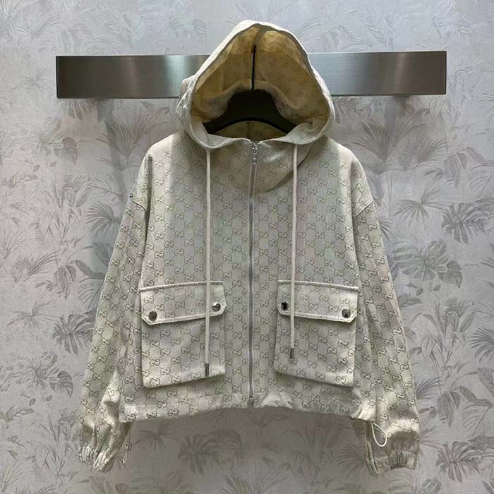 Gucci Women Jumbo GG Canvas Puffer Jacket Cotton Lined High Neck