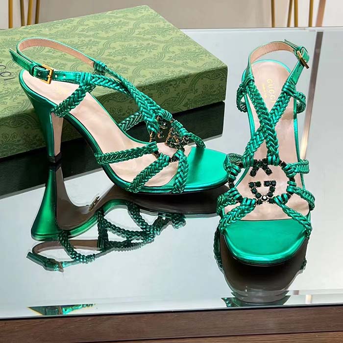 Gucci Women Crystal Interlocking G Sandal Green Metallic Braided Leather High Heel
