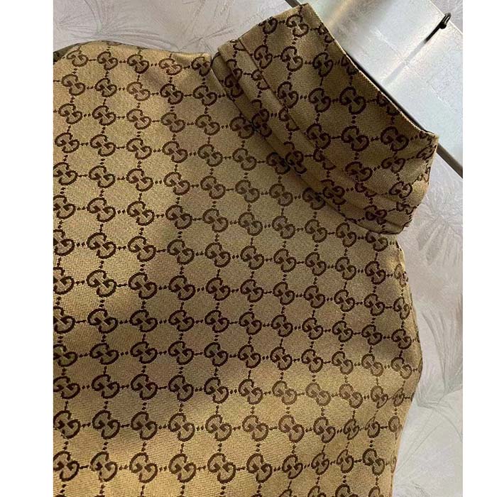 Gucci Women GG Canvas Nylon Zip Jacket Interlocking G Patch High Collar Drawstring Waistband