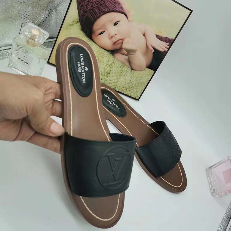 Louis Vuitton LV Women Lock It Flat Mule Black Grained Calf Leather