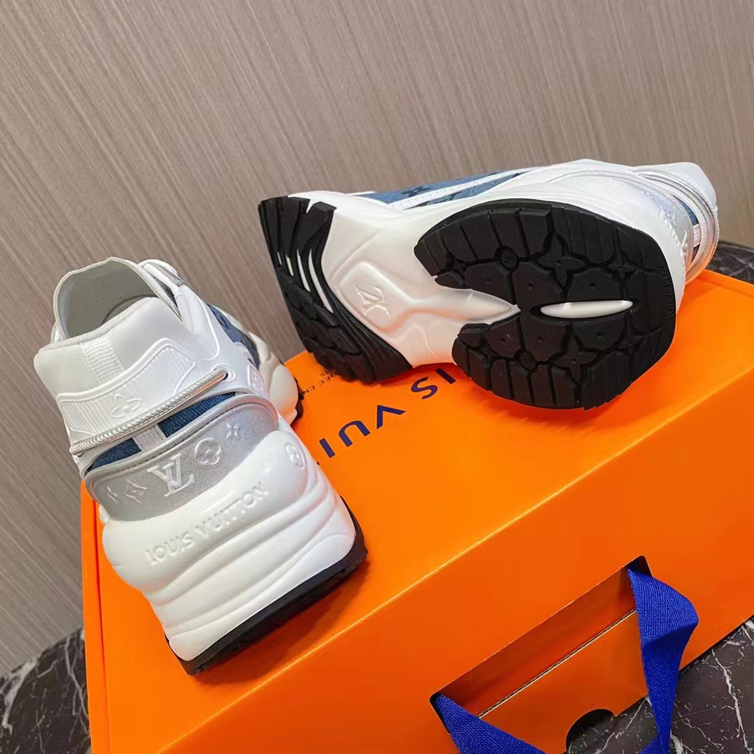 Louis Vuitton Unisex Run 55 Sneaker Denim Blue Monogram Flowers Lifted Rubber LV Circle Initials