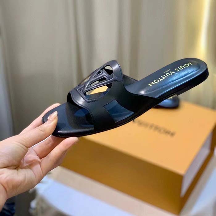 Louis Vuitton LV Unisex Isola Flat Mule Black Calf Leather Circle Signature