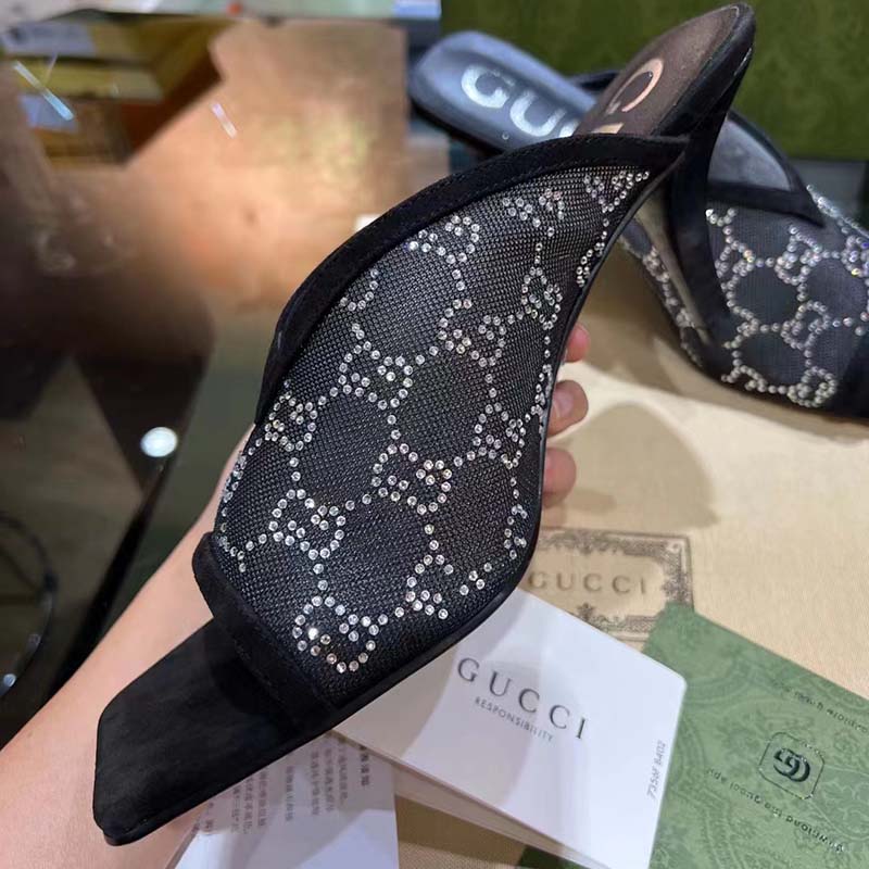 Gucci Women Sandal Black Mesh GG Crystals Square Toe Mid Heel 8 Cm Heel