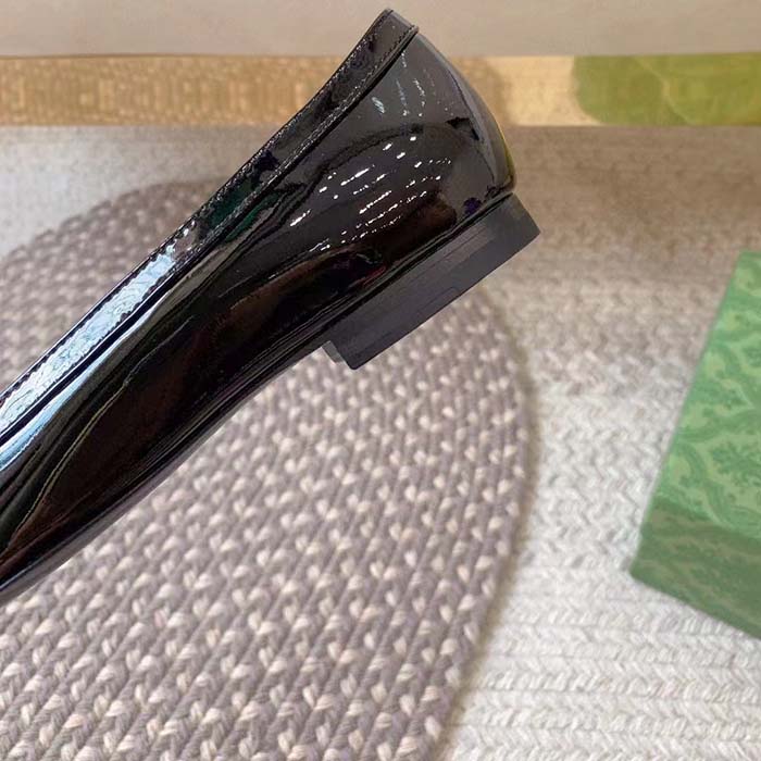 Gucci Women Ballet Flats GG Canvas Black Patent Leather Bow Sole Square Toe