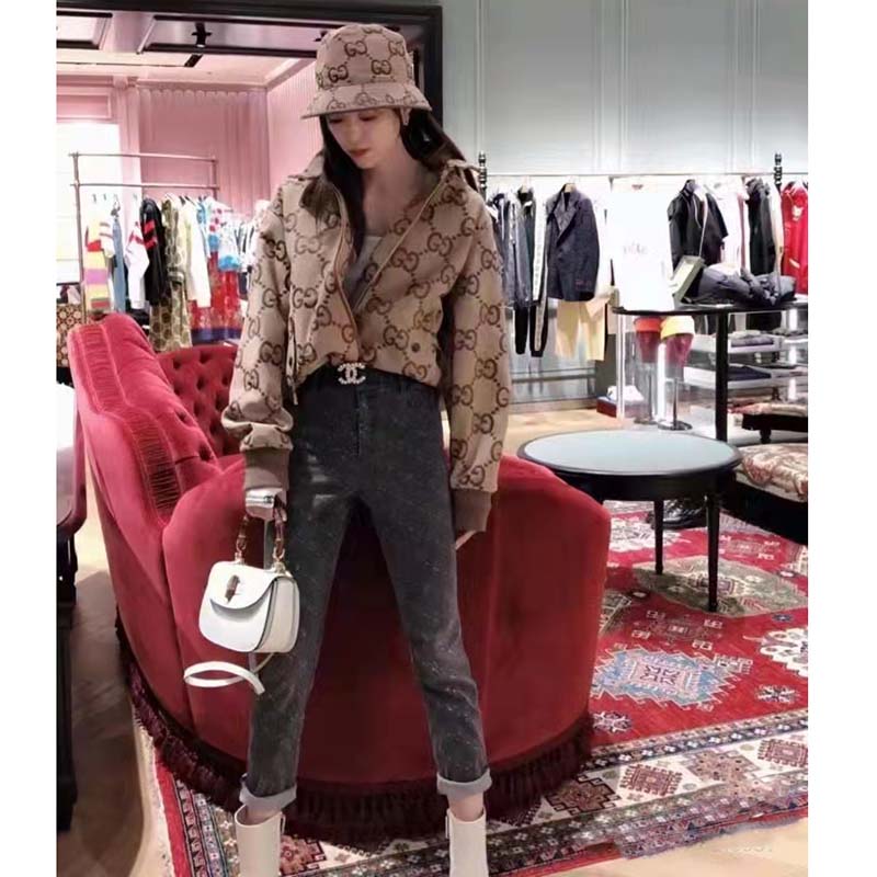 Gucci Women Jumbo GG Canvas Jacket Beige Ebony Jumbo Cotton Wool Leather