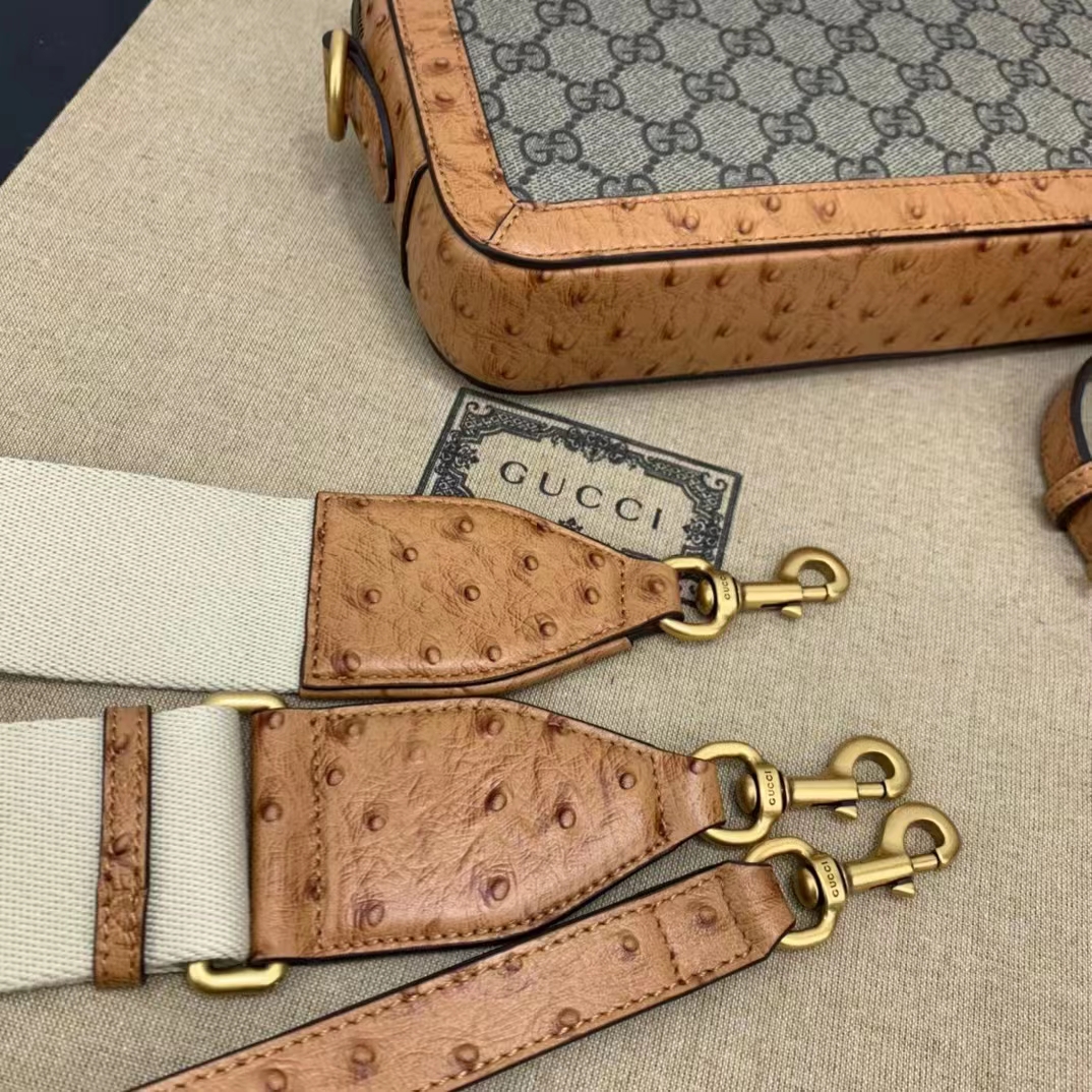 Gucci Unisex GG Python Shoulder Bag Double G Beige Ebony GG Supreme Canvas