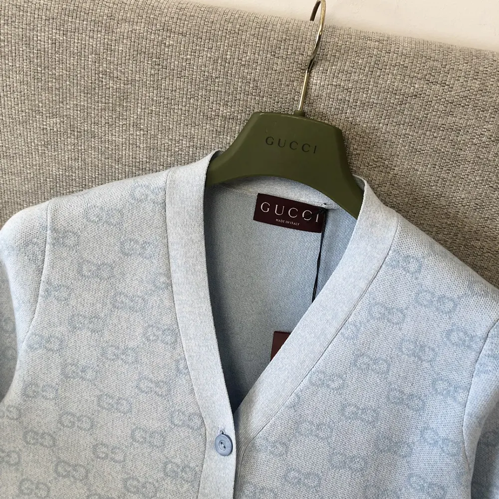 Gucci Women Fine Cotton GG Jacquard Cardigan-Light Blue 818735XKEOH