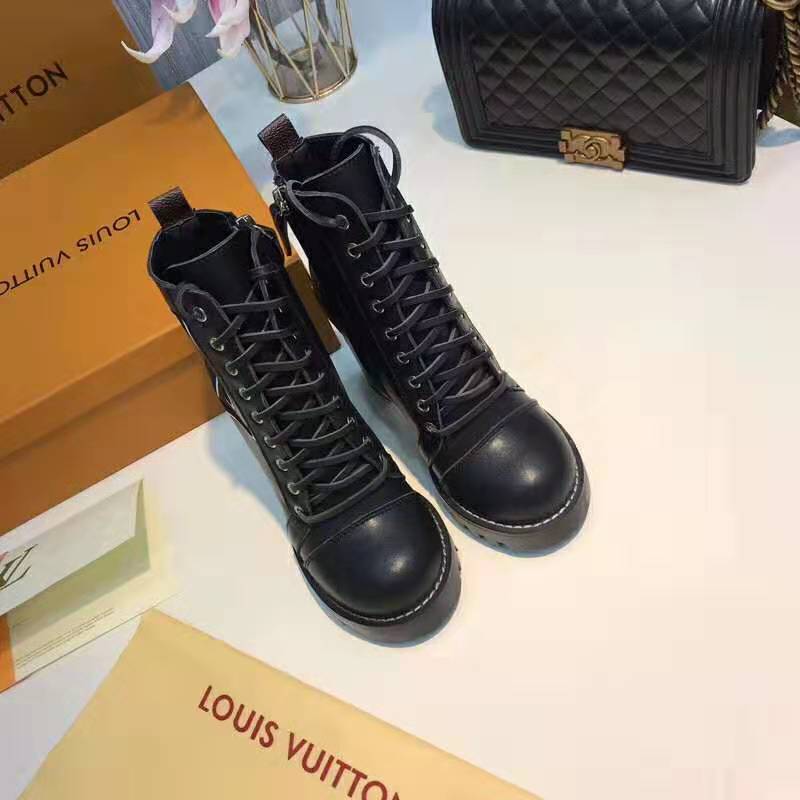 Louis Vuitton LV Women Star Trail Ankle Boot in Supple Black Calf Leather with Monogram Canvas-Black