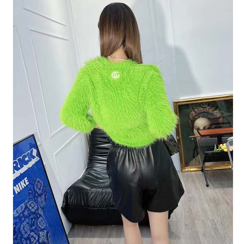 Gucci Women GG Brushed Wool Knit Sweater Bright Green Long Sleeves Crewneck