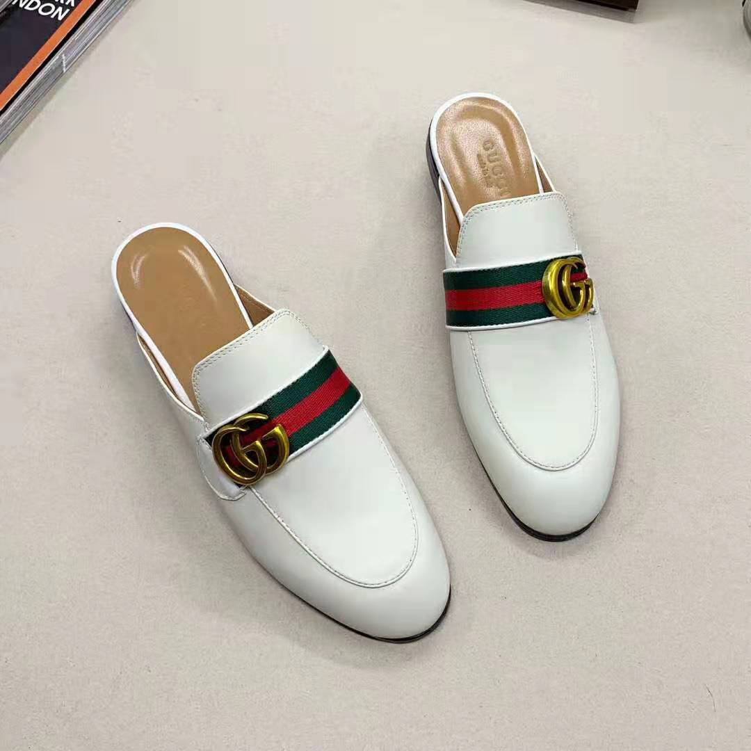 Gucci Women Leather Loafer with GG Web-White