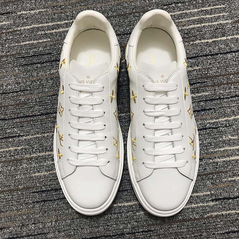 Louis Vuitton Unisex LV Time Out Sneaker Gold White Embroidered Calf Leather
